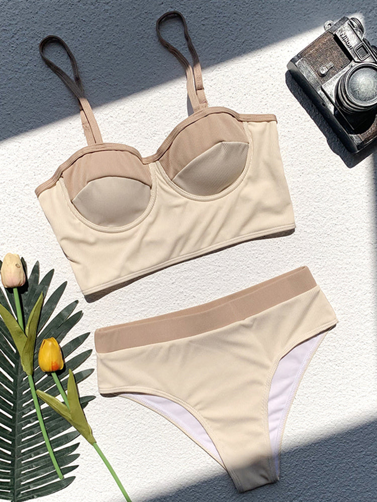 High Waist Ribbed Bikini Set with Push Up Bra