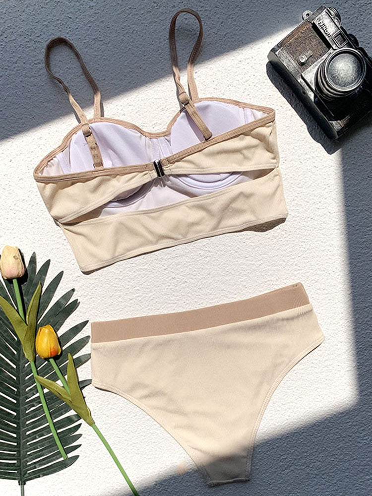 High Waist Ribbed Bikini Set with Push Up Bra