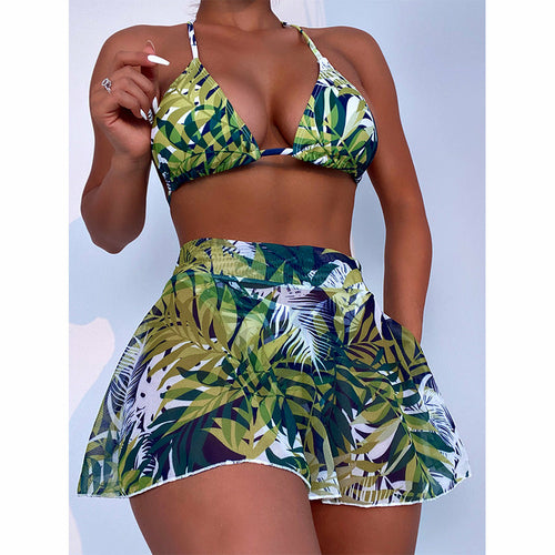 Three-piece High Waist Bikini Set With Flower and Leaf Print