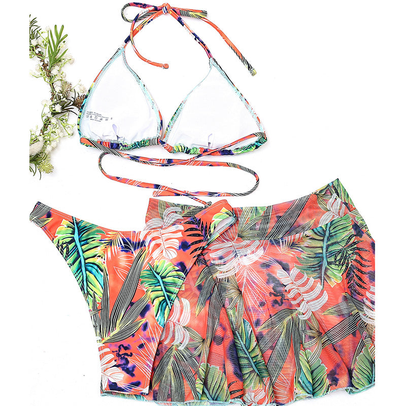 Three-piece High Waist Bikini Set With Flower and Leaf Print