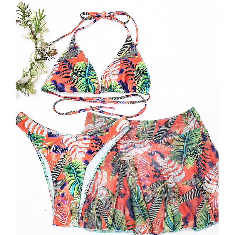 Three-piece High Waist Bikini Set With Flower and Leaf Print