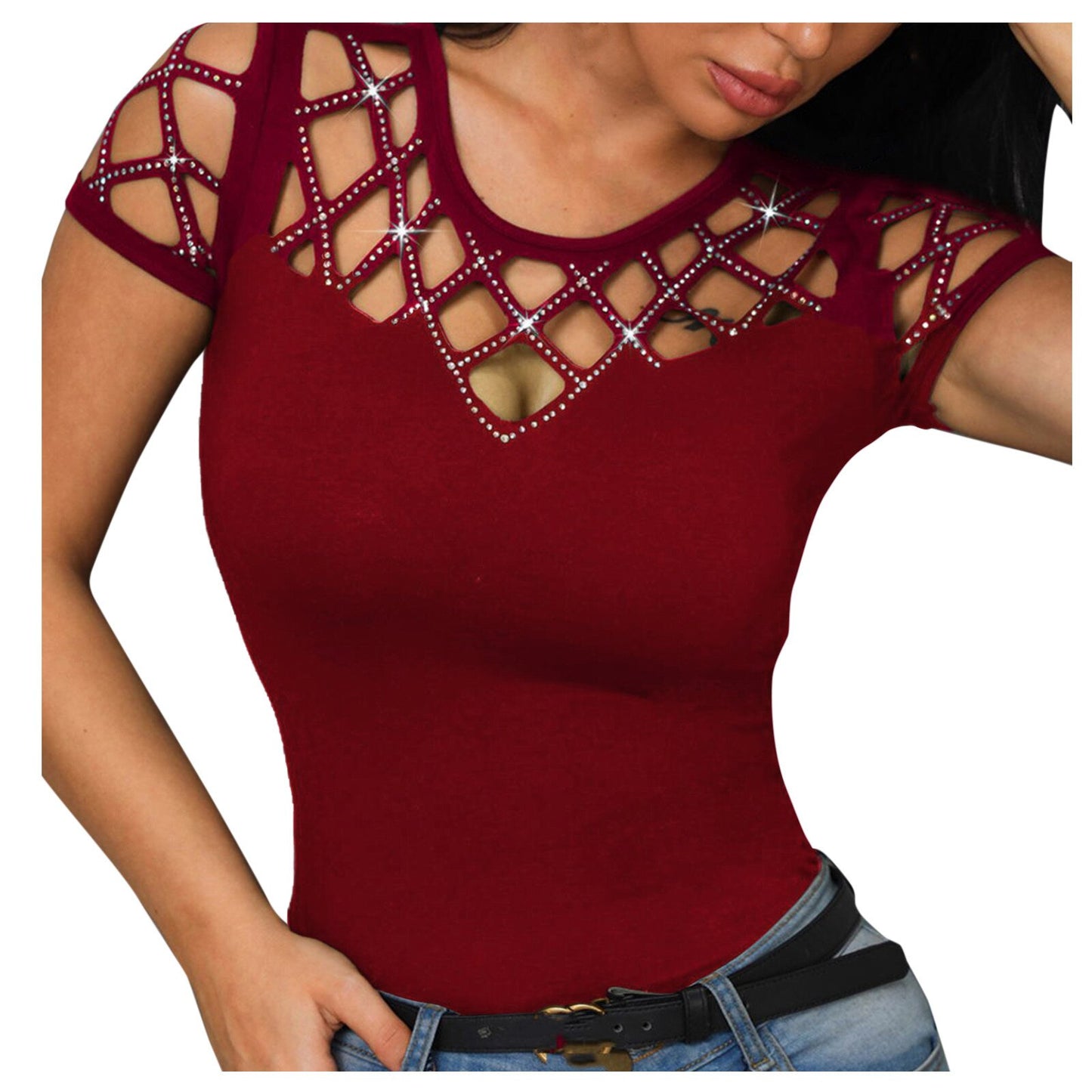 Women's Top Beaded Solid Color Meshed Tank Top