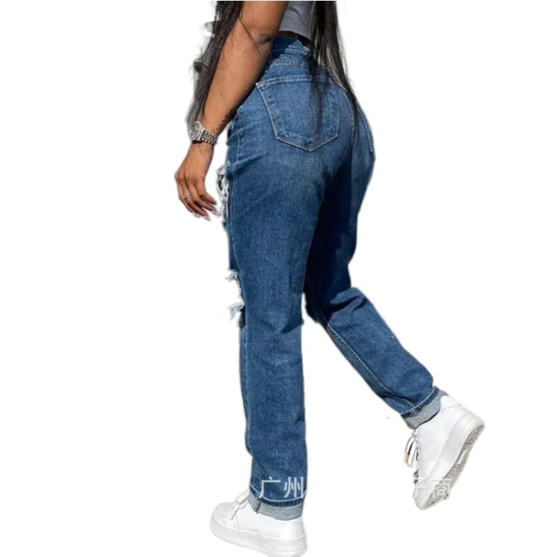 Women's Hollow Out Ripped High Waist Straight Jeans