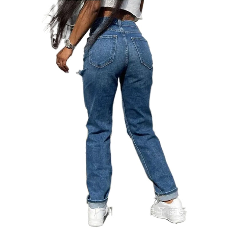 Women's Hollow Out Ripped High Waist Straight Jeans