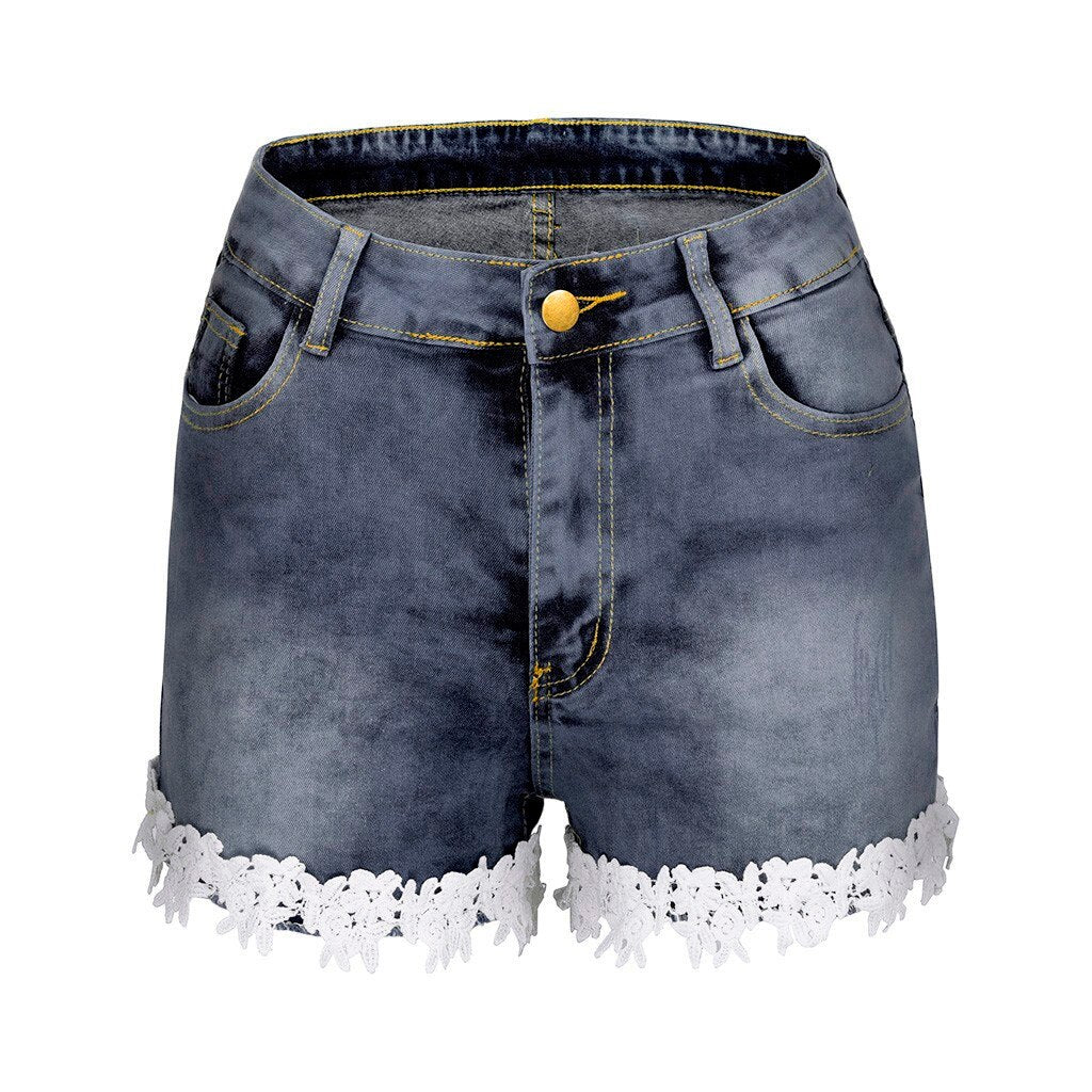 Ladies Jeans Denim Shorts High Waist Elastic Lace