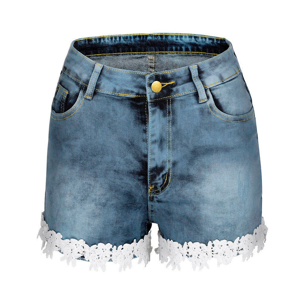 Ladies Jeans Denim Shorts High Waist Elastic Lace