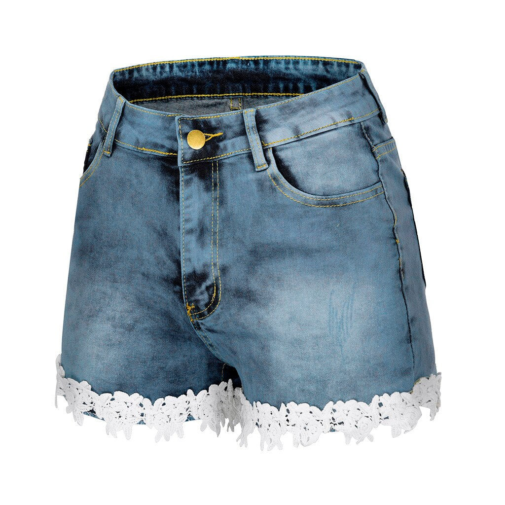 Ladies Jeans Denim Shorts High Waist Elastic Lace