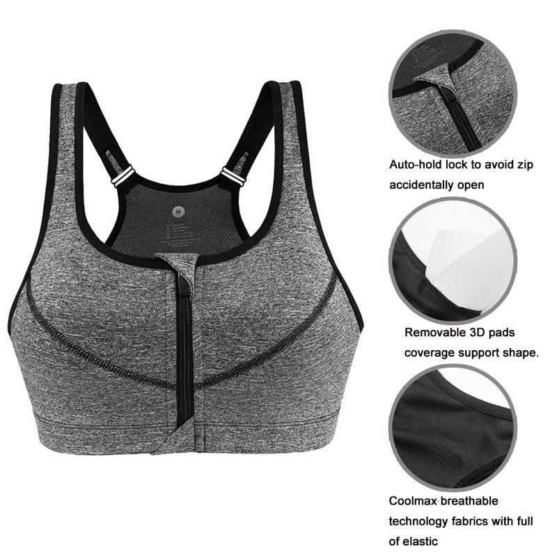 Women's Fitness Sports Running Bra with Zipper