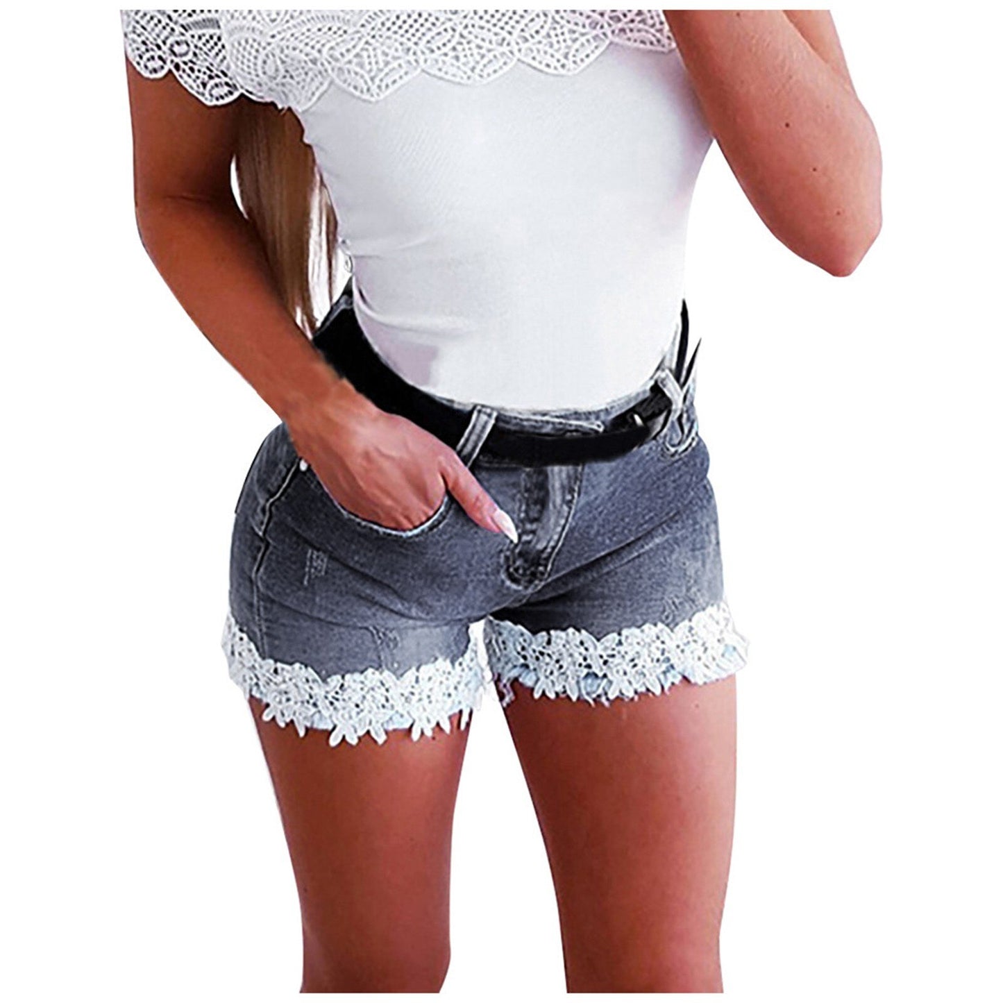 Ladies Jeans Denim Shorts High Waist Elastic Lace