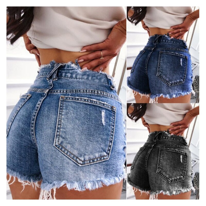 Tight Ripped Women's Mid Waist Denim Jeans Shorts