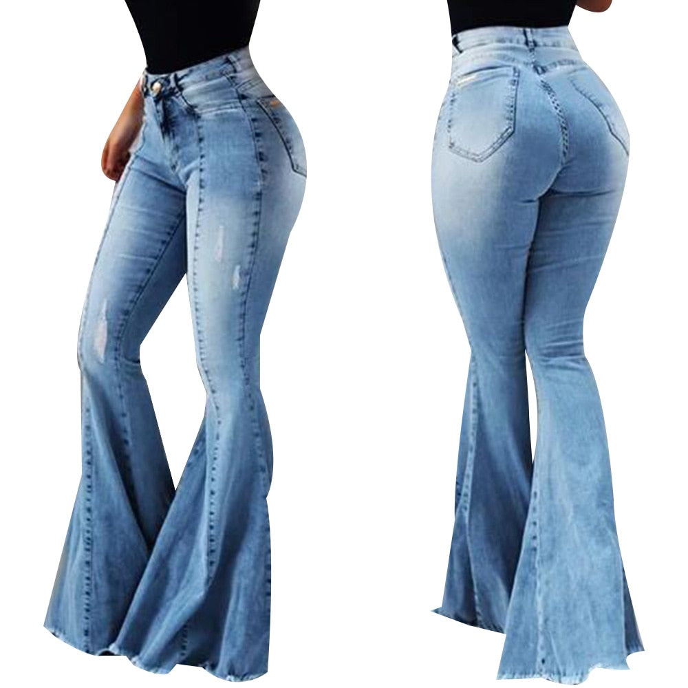 Ripped Bell Bottom High Waist Bootleg Slim Fit Denim Jeans