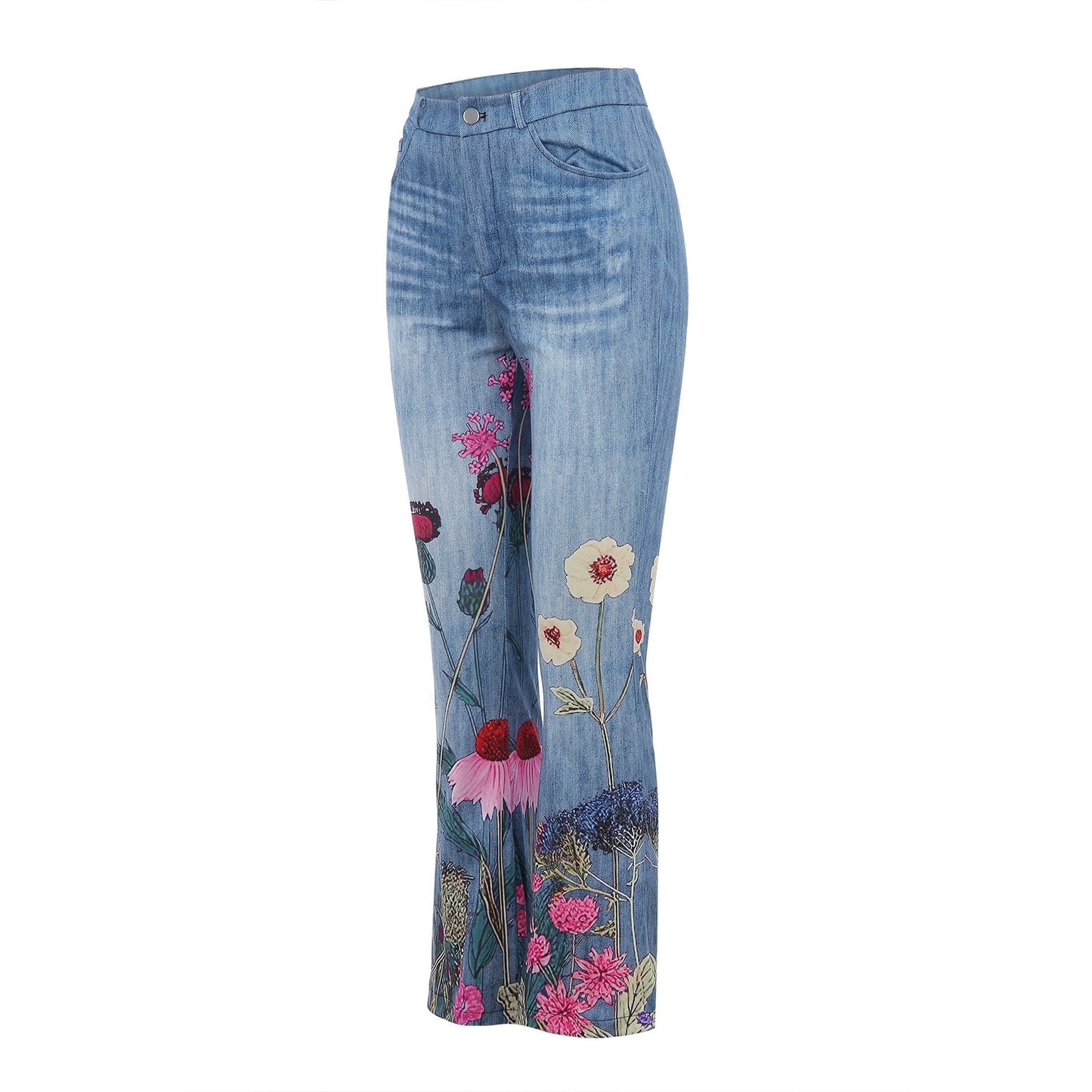 Women's High Waist Flower Printed Denim Jeans