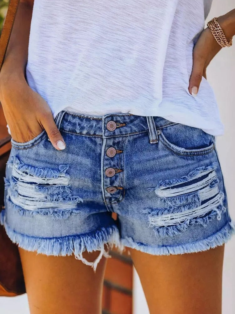 Women's Ripped Fashion High Waist Rolled Denim Vintage Shorts Jeans