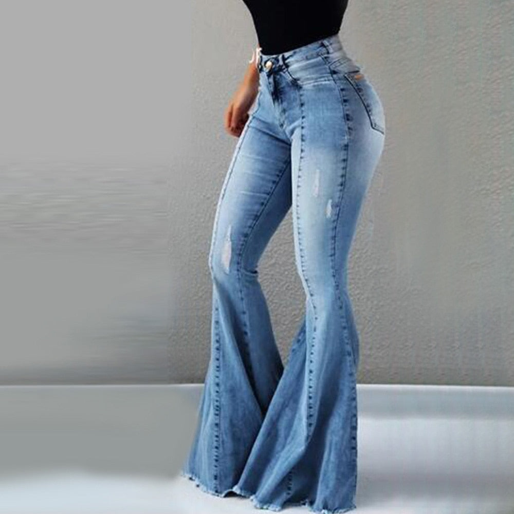 Ripped Bell Bottom High Waist Bootleg Slim Fit Denim Jeans