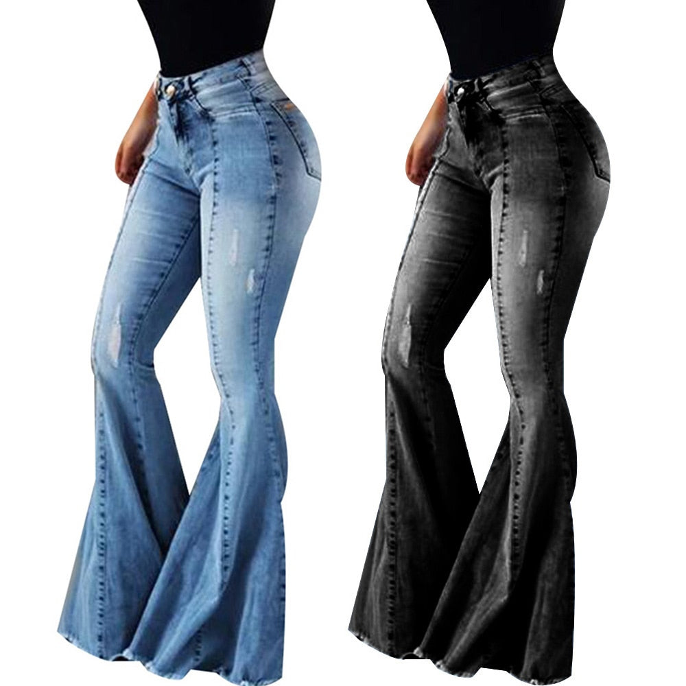 Ripped Bell Bottom High Waist Bootleg Slim Fit Denim Jeans