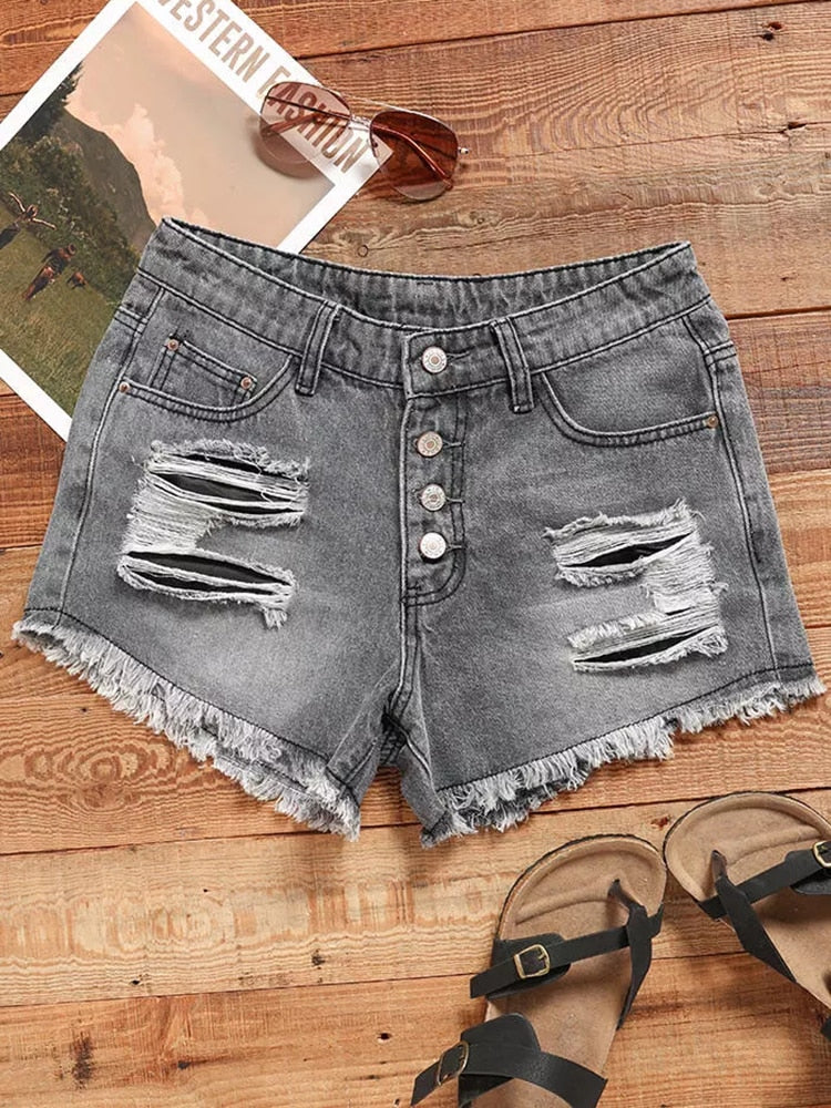 Women's Ripped Fashion High Waist Rolled Denim Vintage Shorts Jeans