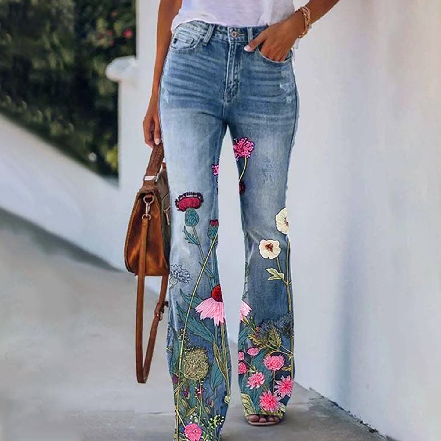 Women's High Waist Flower Printed Denim Jeans