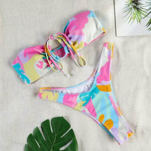 Triangle String Bikini Set Patchwork Print