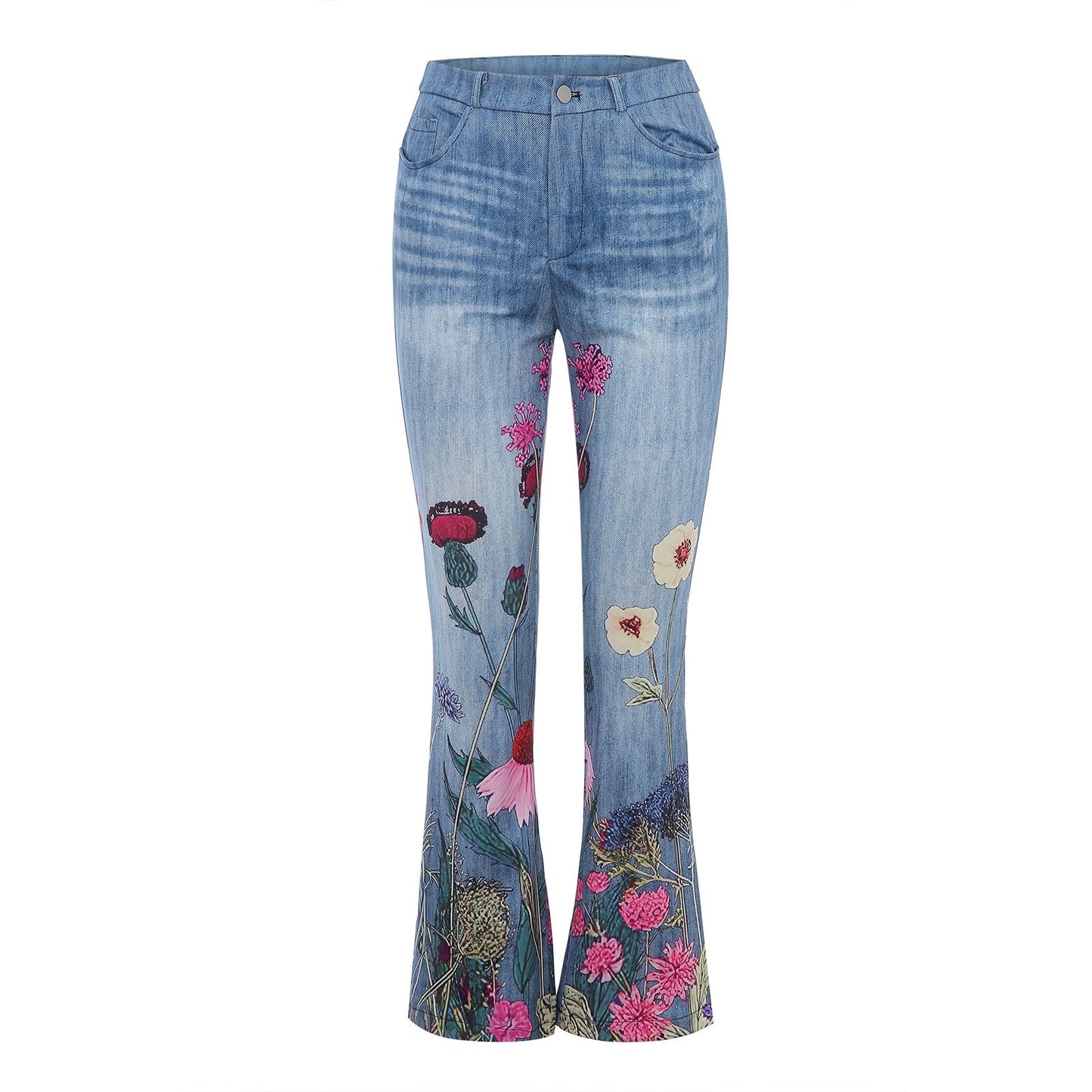 Women's High Waist Flower Printed Denim Jeans