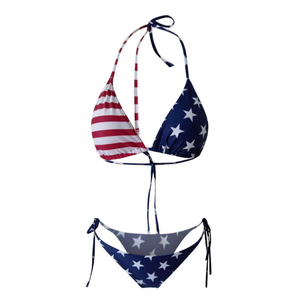 Women American Flag Swimsuit Bikini Set Sexy Bra G-string Bikini Split